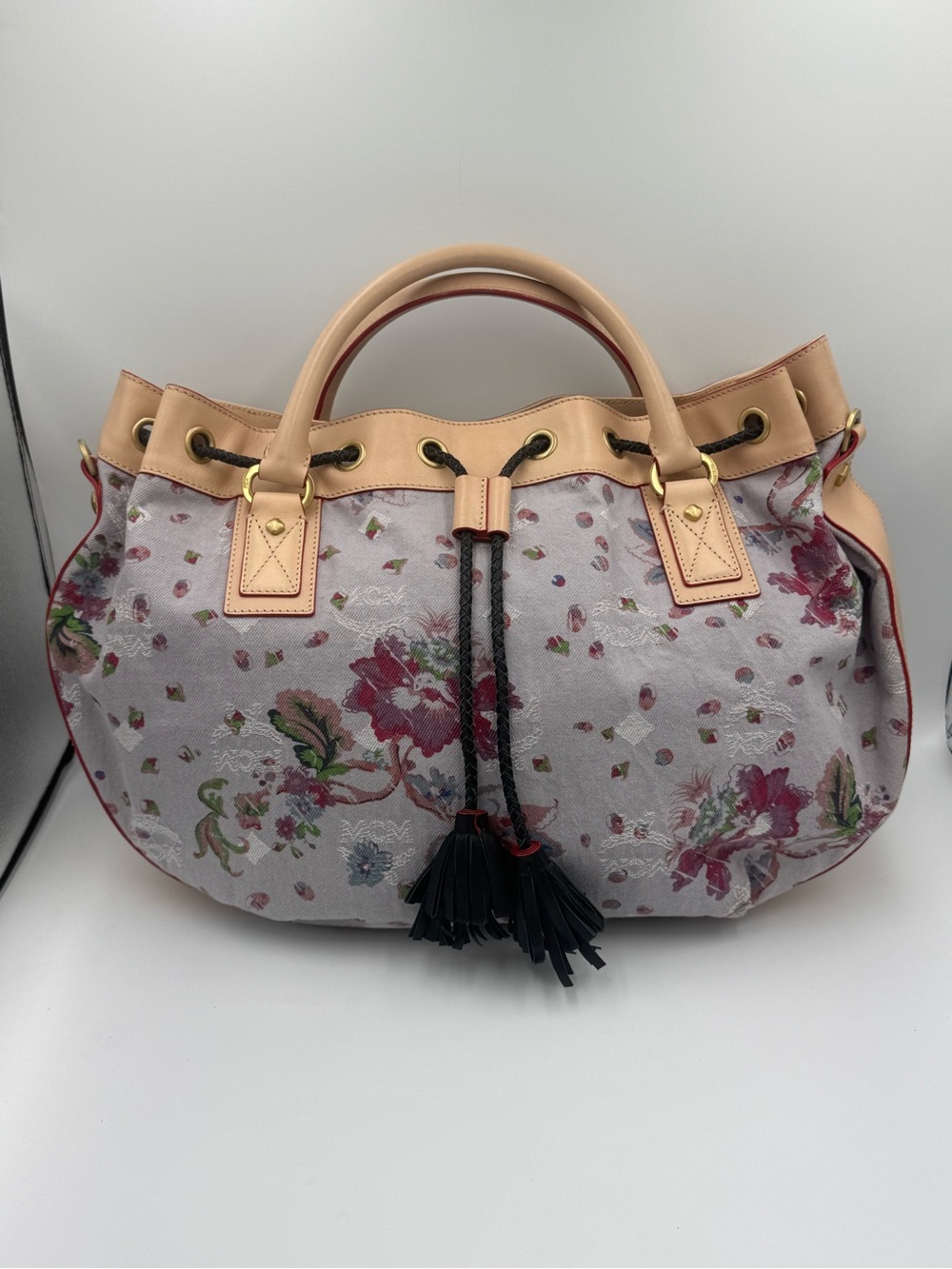 MCM Floral Canvas and Leather Drawstring Tote with Dust Bag